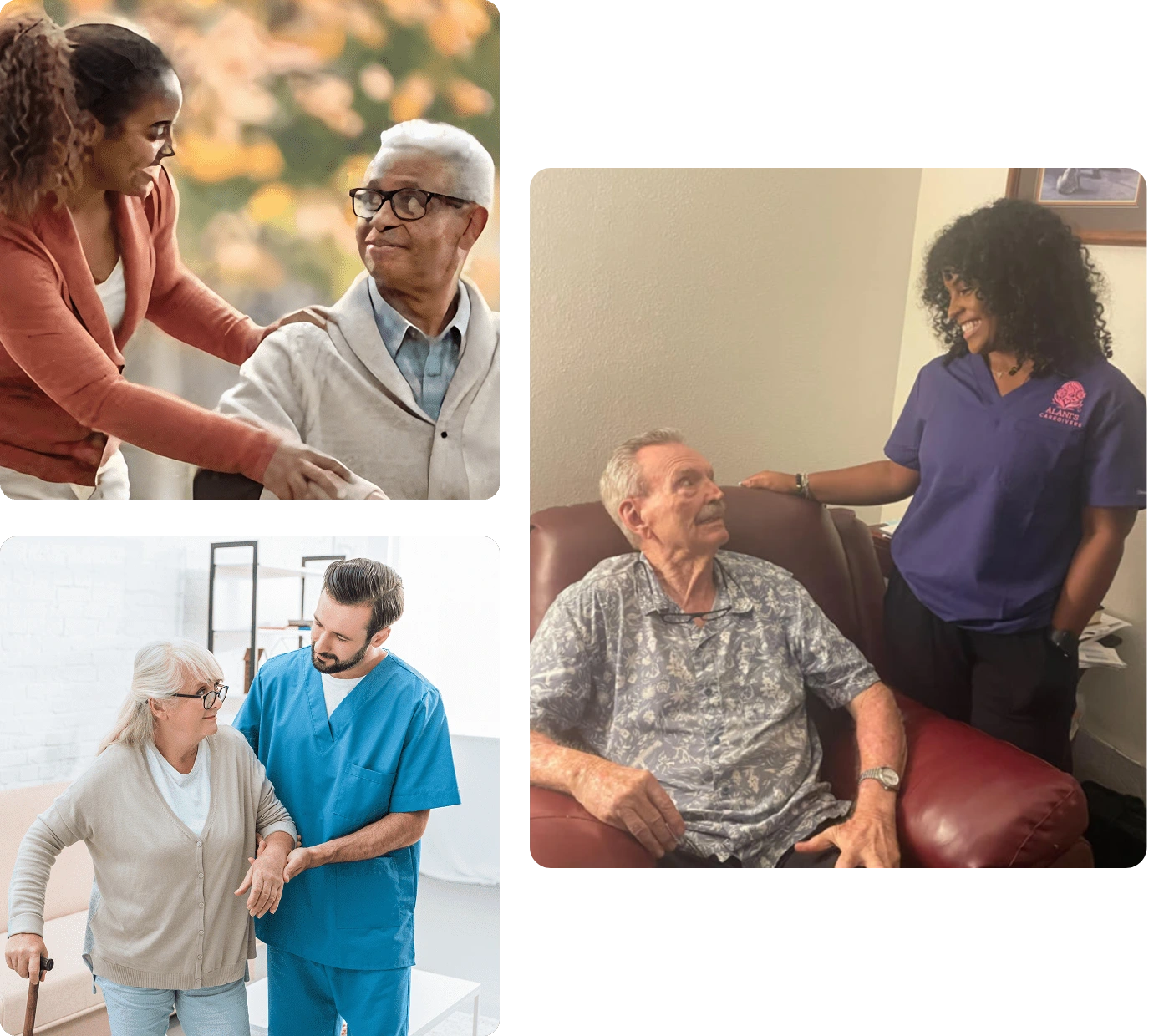 Healthcare workers assisting elderly patients with care and support.