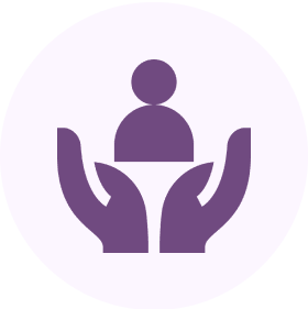 Purple icon of hands holding a person symbolizing care.