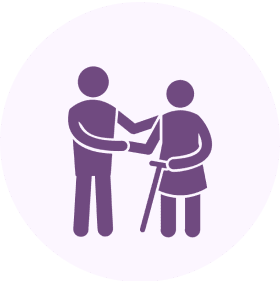 Two figures, one assisting the other with a cane, symbolizing care.